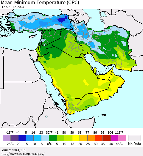 Middle East and Turkey Mean Minimum Temperature (CPC) Thematic Map For 2/6/2023 - 2/12/2023
