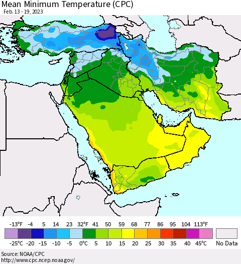 Middle East and Turkey Mean Minimum Temperature (CPC) Thematic Map For 2/13/2023 - 2/19/2023
