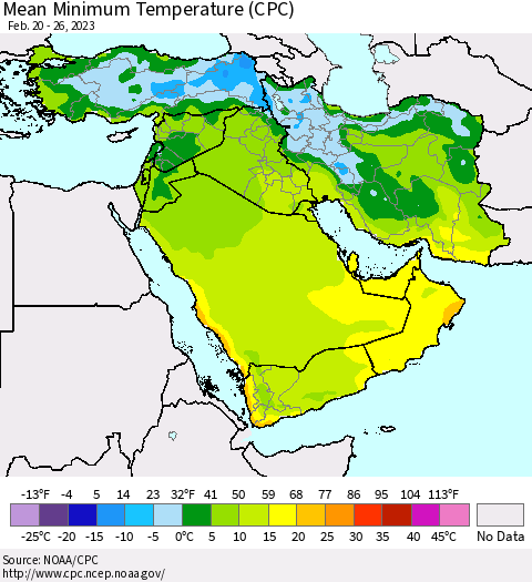 Middle East and Turkey Mean Minimum Temperature (CPC) Thematic Map For 2/20/2023 - 2/26/2023