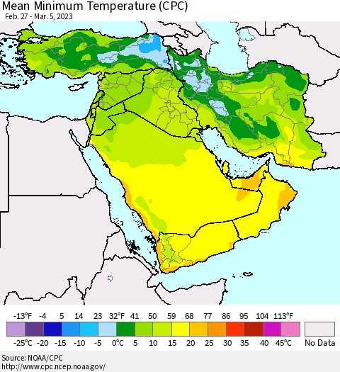 Middle East and Turkey Mean Minimum Temperature (CPC) Thematic Map For 2/27/2023 - 3/5/2023