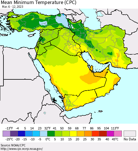 Middle East and Turkey Mean Minimum Temperature (CPC) Thematic Map For 3/6/2023 - 3/12/2023