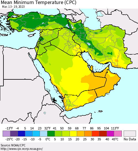 Middle East and Turkey Mean Minimum Temperature (CPC) Thematic Map For 3/13/2023 - 3/19/2023