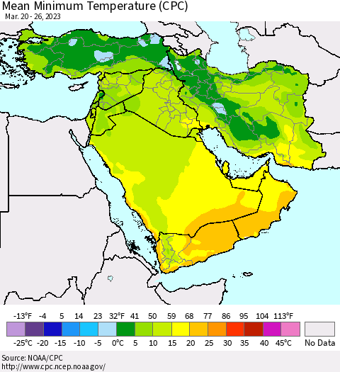 Middle East and Turkey Mean Minimum Temperature (CPC) Thematic Map For 3/20/2023 - 3/26/2023