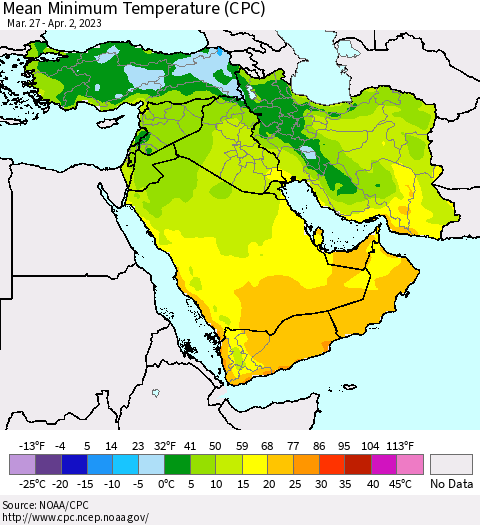Middle East and Turkey Mean Minimum Temperature (CPC) Thematic Map For 3/27/2023 - 4/2/2023