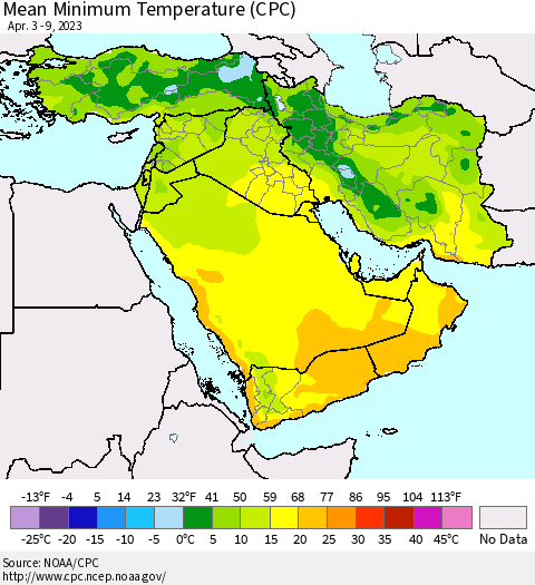 Middle East and Turkey Mean Minimum Temperature (CPC) Thematic Map For 4/3/2023 - 4/9/2023