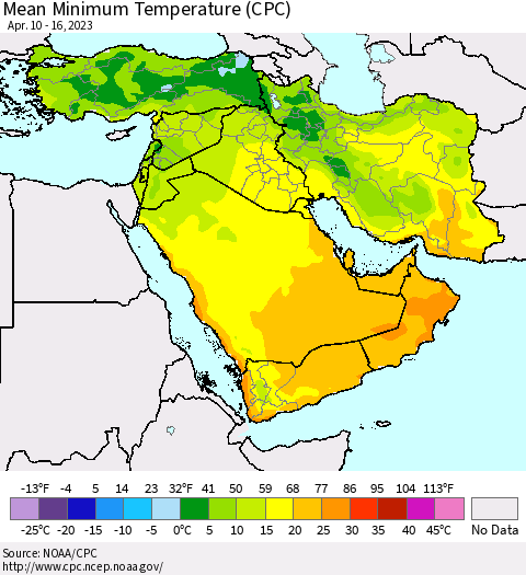 Middle East and Turkey Mean Minimum Temperature (CPC) Thematic Map For 4/10/2023 - 4/16/2023