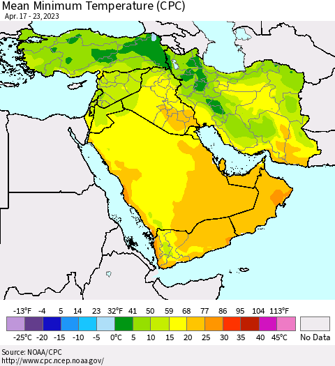 Middle East and Turkey Mean Minimum Temperature (CPC) Thematic Map For 4/17/2023 - 4/23/2023