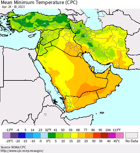 Middle East and Turkey Mean Minimum Temperature (CPC) Thematic Map For 4/24/2023 - 4/30/2023