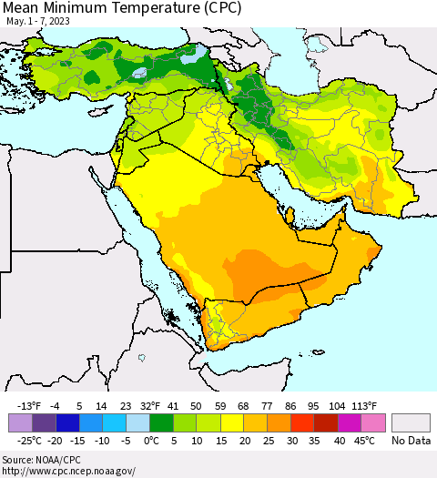 Middle East and Turkey Mean Minimum Temperature (CPC) Thematic Map For 5/1/2023 - 5/7/2023