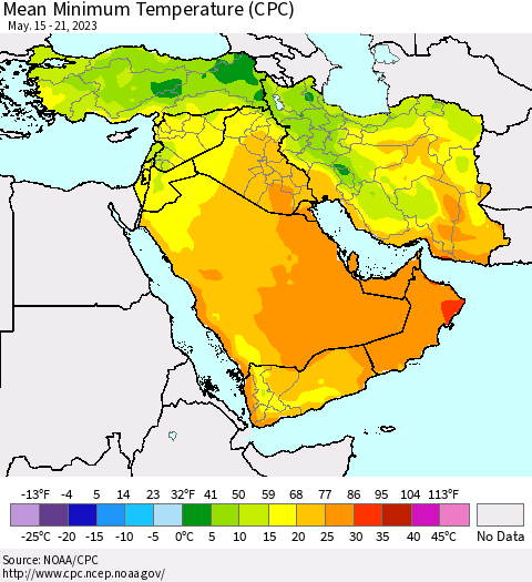 Middle East and Turkey Mean Minimum Temperature (CPC) Thematic Map For 5/15/2023 - 5/21/2023