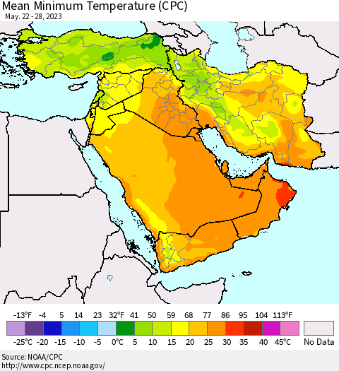 Middle East and Turkey Mean Minimum Temperature (CPC) Thematic Map For 5/22/2023 - 5/28/2023