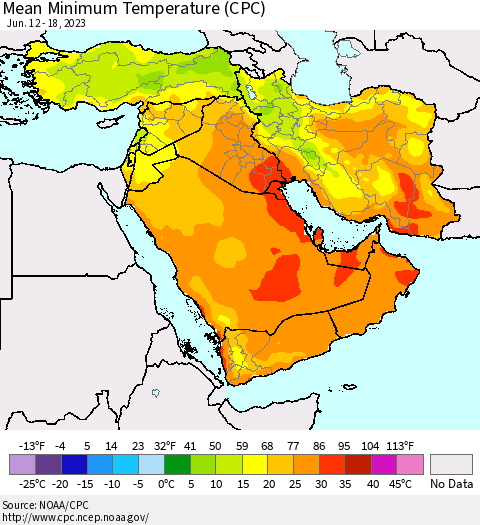 Middle East and Turkey Mean Minimum Temperature (CPC) Thematic Map For 6/12/2023 - 6/18/2023