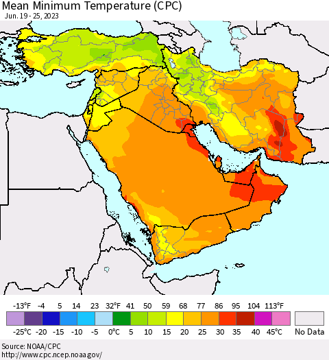 Middle East and Turkey Mean Minimum Temperature (CPC) Thematic Map For 6/19/2023 - 6/25/2023