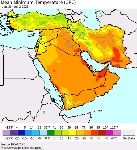 Middle East and Turkey Mean Minimum Temperature (CPC) Thematic Map For 6/26/2023 - 7/2/2023