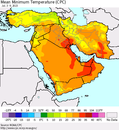 Middle East and Turkey Mean Minimum Temperature (CPC) Thematic Map For 7/3/2023 - 7/9/2023