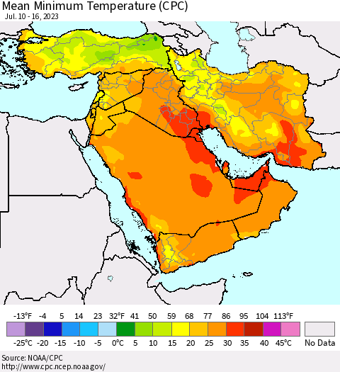 Middle East and Turkey Mean Minimum Temperature (CPC) Thematic Map For 7/10/2023 - 7/16/2023