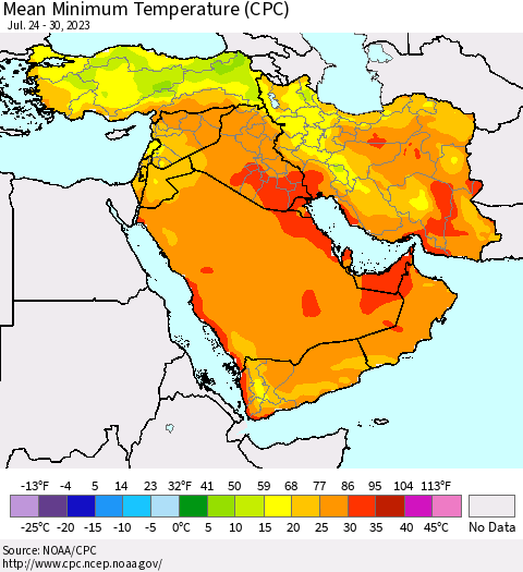 Middle East and Turkey Mean Minimum Temperature (CPC) Thematic Map For 7/24/2023 - 7/30/2023