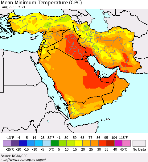 Middle East and Turkey Mean Minimum Temperature (CPC) Thematic Map For 8/7/2023 - 8/13/2023