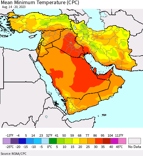 Middle East and Turkey Mean Minimum Temperature (CPC) Thematic Map For 8/14/2023 - 8/20/2023