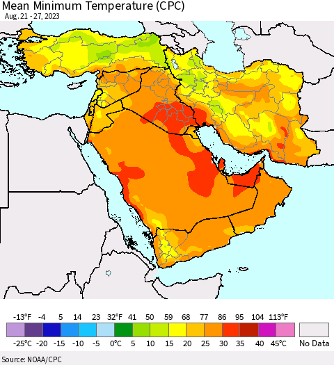 Middle East and Turkey Mean Minimum Temperature (CPC) Thematic Map For 8/21/2023 - 8/27/2023
