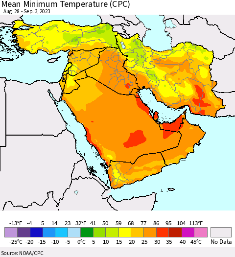 Middle East and Turkey Mean Minimum Temperature (CPC) Thematic Map For 8/28/2023 - 9/3/2023