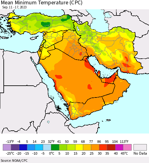 Middle East and Turkey Mean Minimum Temperature (CPC) Thematic Map For 9/11/2023 - 9/17/2023