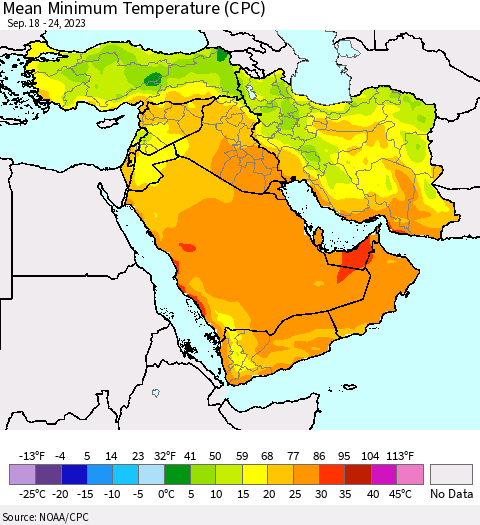 Middle East and Turkey Mean Minimum Temperature (CPC) Thematic Map For 9/18/2023 - 9/24/2023