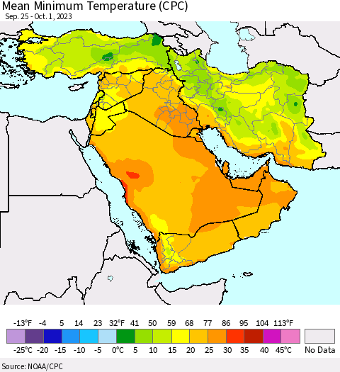 Middle East and Turkey Mean Minimum Temperature (CPC) Thematic Map For 9/25/2023 - 10/1/2023