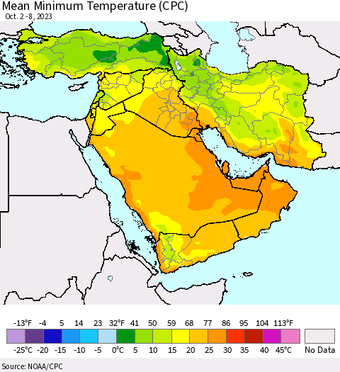 Middle East and Turkey Mean Minimum Temperature (CPC) Thematic Map For 10/2/2023 - 10/8/2023