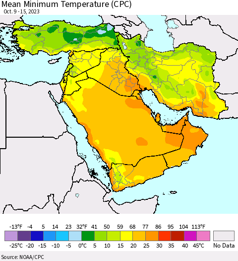 Middle East and Turkey Mean Minimum Temperature (CPC) Thematic Map For 10/9/2023 - 10/15/2023