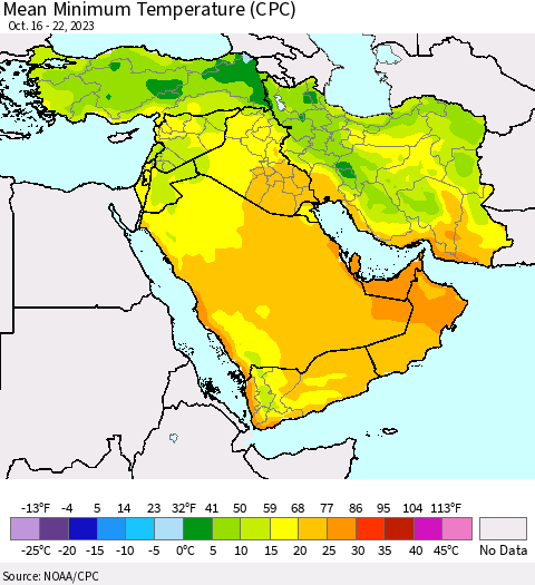 Middle East and Turkey Mean Minimum Temperature (CPC) Thematic Map For 10/16/2023 - 10/22/2023