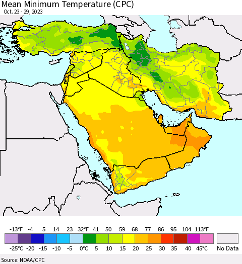 Middle East and Turkey Mean Minimum Temperature (CPC) Thematic Map For 10/23/2023 - 10/29/2023