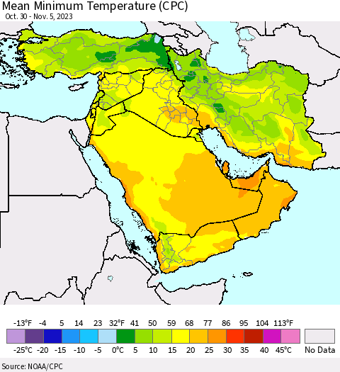 Middle East and Turkey Mean Minimum Temperature (CPC) Thematic Map For 10/30/2023 - 11/5/2023