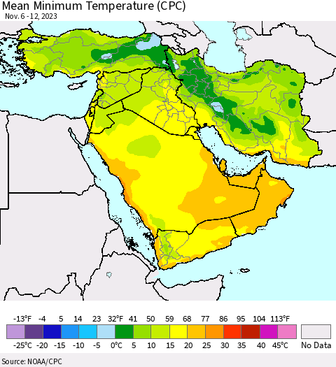 Middle East and Turkey Mean Minimum Temperature (CPC) Thematic Map For 11/6/2023 - 11/12/2023