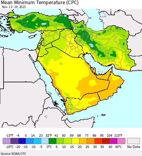 Middle East and Turkey Mean Minimum Temperature (CPC) Thematic Map For 11/13/2023 - 11/19/2023