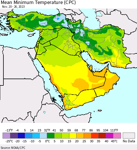 Middle East and Turkey Mean Minimum Temperature (CPC) Thematic Map For 11/20/2023 - 11/26/2023
