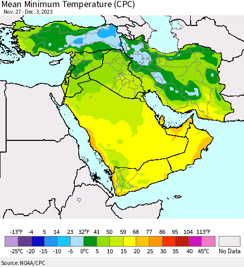 Middle East and Turkey Mean Minimum Temperature (CPC) Thematic Map For 11/27/2023 - 12/3/2023