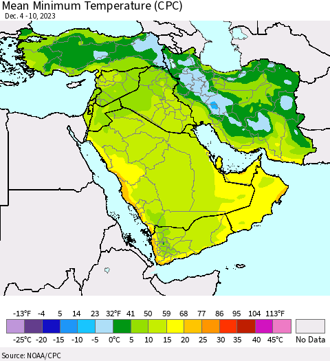 Middle East and Turkey Mean Minimum Temperature (CPC) Thematic Map For 12/4/2023 - 12/10/2023