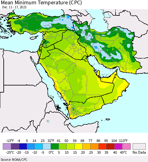 Middle East and Turkey Mean Minimum Temperature (CPC) Thematic Map For 12/11/2023 - 12/17/2023