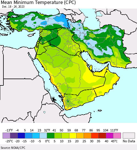 Middle East and Turkey Mean Minimum Temperature (CPC) Thematic Map For 12/18/2023 - 12/24/2023