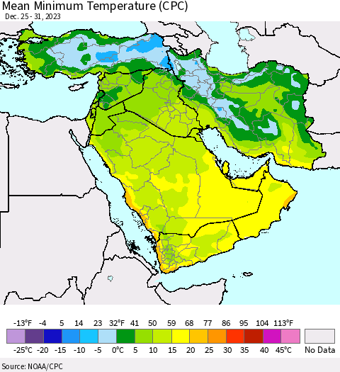 Middle East and Turkey Mean Minimum Temperature (CPC) Thematic Map For 12/25/2023 - 12/31/2023