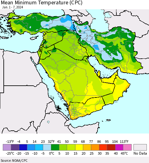 Middle East and Turkey Mean Minimum Temperature (CPC) Thematic Map For 1/1/2024 - 1/7/2024