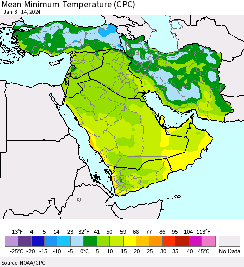 Middle East and Turkey Mean Minimum Temperature (CPC) Thematic Map For 1/8/2024 - 1/14/2024