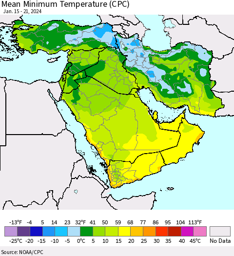 Middle East and Turkey Mean Minimum Temperature (CPC) Thematic Map For 1/15/2024 - 1/21/2024