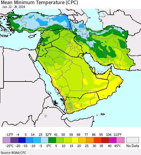 Middle East and Turkey Mean Minimum Temperature (CPC) Thematic Map For 1/22/2024 - 1/28/2024