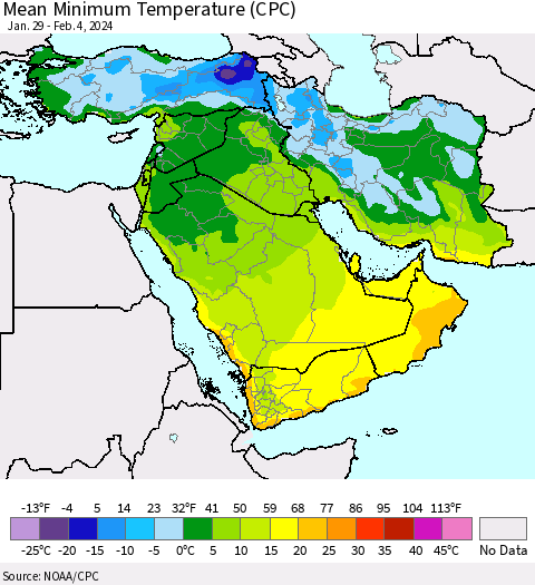 Middle East and Turkey Mean Minimum Temperature (CPC) Thematic Map For 1/29/2024 - 2/4/2024