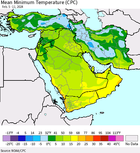 Middle East and Turkey Mean Minimum Temperature (CPC) Thematic Map For 2/5/2024 - 2/11/2024