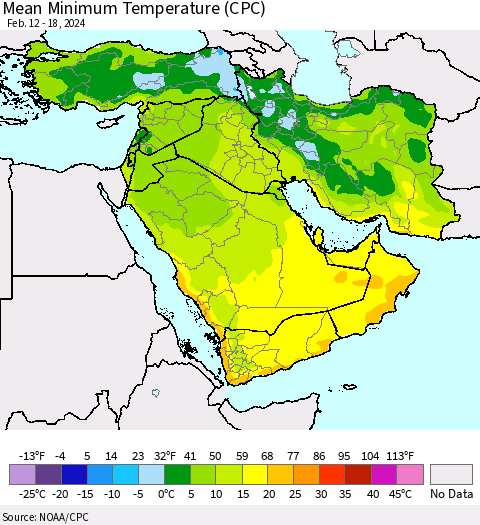 Middle East and Turkey Mean Minimum Temperature (CPC) Thematic Map For 2/12/2024 - 2/18/2024