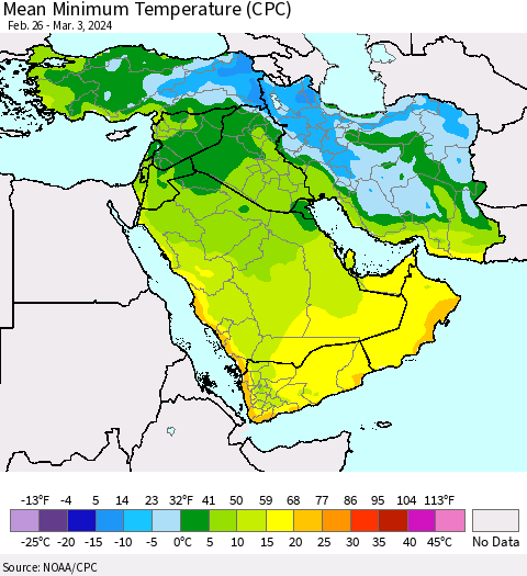 Middle East and Turkey Mean Minimum Temperature (CPC) Thematic Map For 2/26/2024 - 3/3/2024