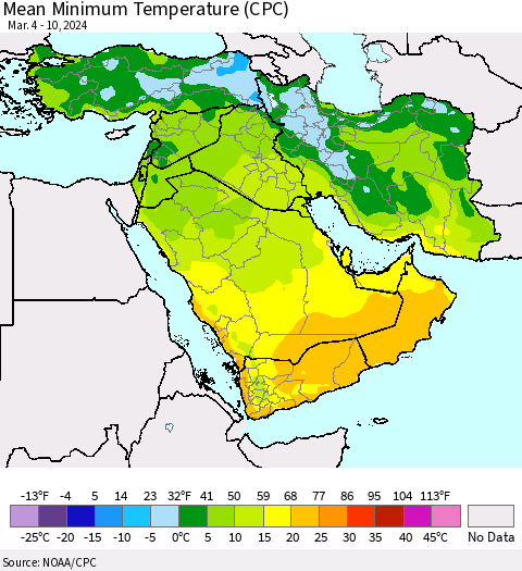 Middle East and Turkey Mean Minimum Temperature (CPC) Thematic Map For 3/4/2024 - 3/10/2024